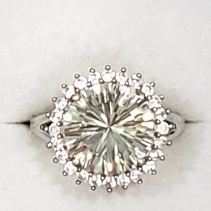 Green Amethyst (Prasiolite) & White Zircon halo ring in Platinum over 925SS  sz7